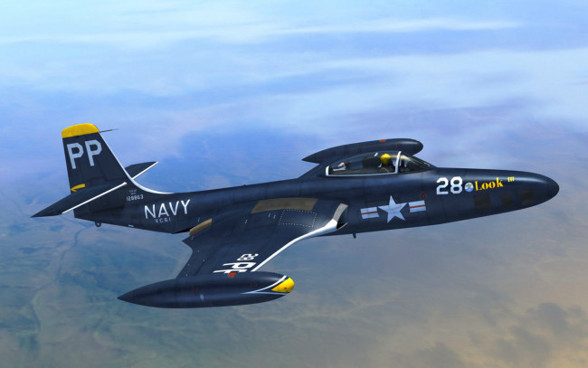Обои картинки фото авиация, боевые самолёты, mcdonnell, f2h, banshee, палубный, реактивный, истребитель, f2h-2p, вмс, сша, американский, военный, самолет