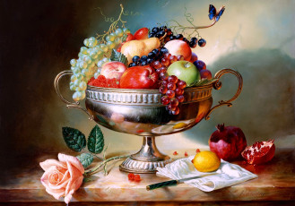 обоя алексей, антонов, рисованные, гранат, виноград, груша, клубника, ваза, лимон, бабочка, яблоки, роза, малина, нож