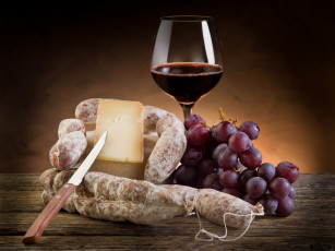 Картинка still life еда натюрморт нож салями сыр виноград вино
