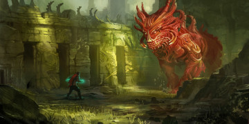 Картинка фэнтези существа красный дракон магия стена человек руины