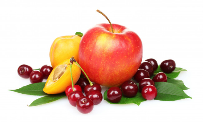 Обои картинки фото еда, фрукты, ягоды, абрикос, яблоко, вишня
