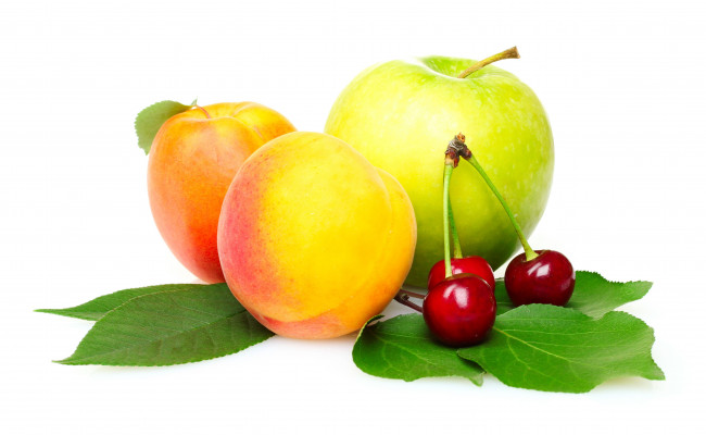 Обои картинки фото еда, фрукты, ягоды, яблоко, абрикос, вишня