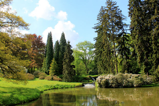 Обои картинки фото Чехия, pruhonice, природа, парк, цветы, деревья, река