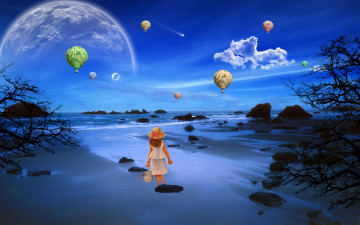 Картинка 3д графика atmosphere mood атмосфера настроения пляж девочка планеты шары океан
