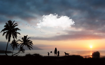 Картинка 3д графика atmosphere mood атмосфера настроения птицы облака горизонт восход океан фигуры