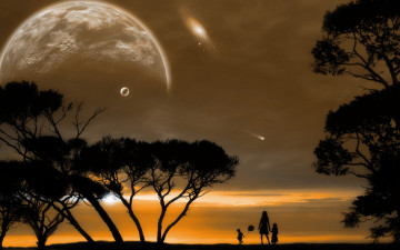 Картинка 3д графика atmosphere mood атмосфера настроения деревья фигуры планеты небо