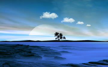 Картинка 3д графика sea undersea море небо пальмы острова пляж океан облака