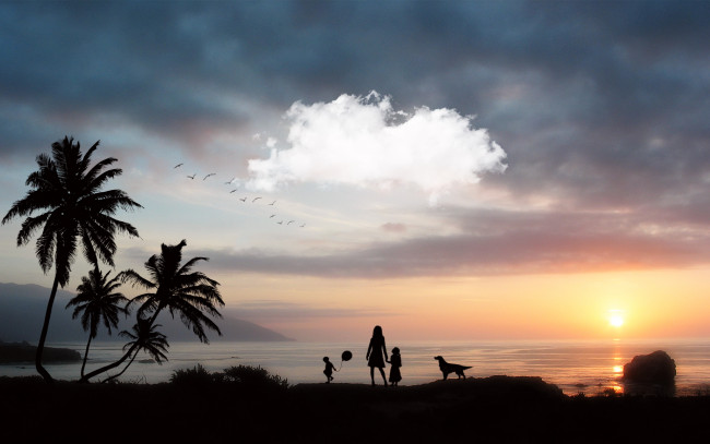 Обои картинки фото 3д, графика, atmosphere, mood, атмосфера, настроения, птицы, облака, горизонт, восход, океан, фигуры