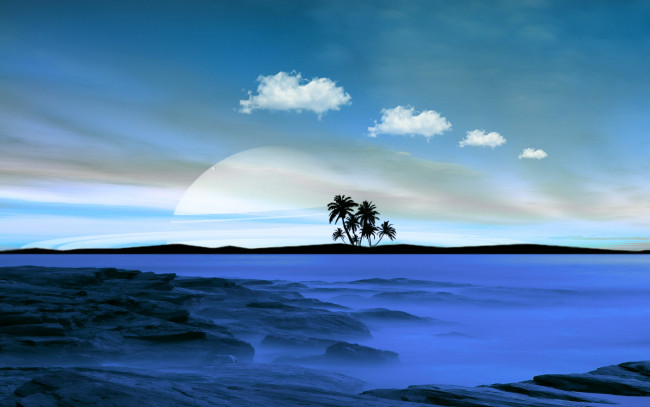 Обои картинки фото 3д, графика, sea, undersea, море, небо, пальмы, острова, пляж, океан, облака