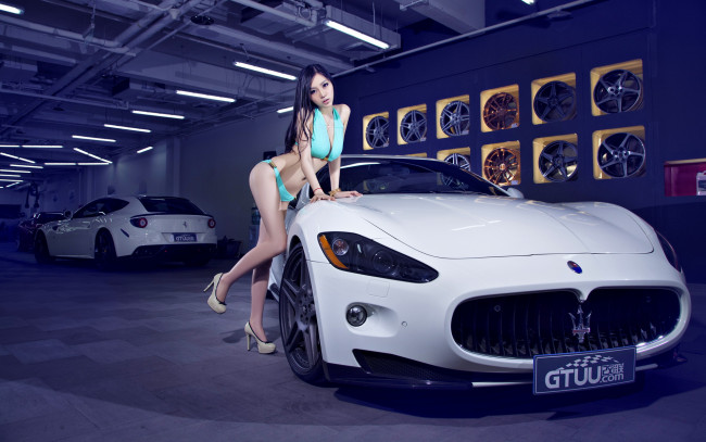 Обои картинки фото автомобили, авто, девушками, синий, азиатка, maserati, gts
