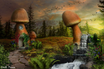 Картинка фэнтези иные+миры +иные+времена цветы водопад домики грибки деревья лес