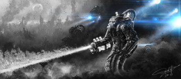 Картинка фэнтези роботы +киборги +механизмы свет лучи воин оружие робот