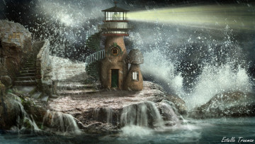 Картинка фэнтези иные+миры +иные+времена волны шторм ступеньки маяк море