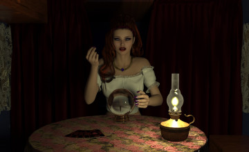 Картинка 3д+графика фантазия+ fantasy огонек комната стол взгляд девушка магия шар