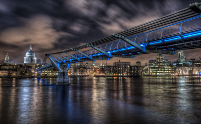 Обои картинки фото millennium bridge, города, лондон , великобритания, огни, мост, река, ночь