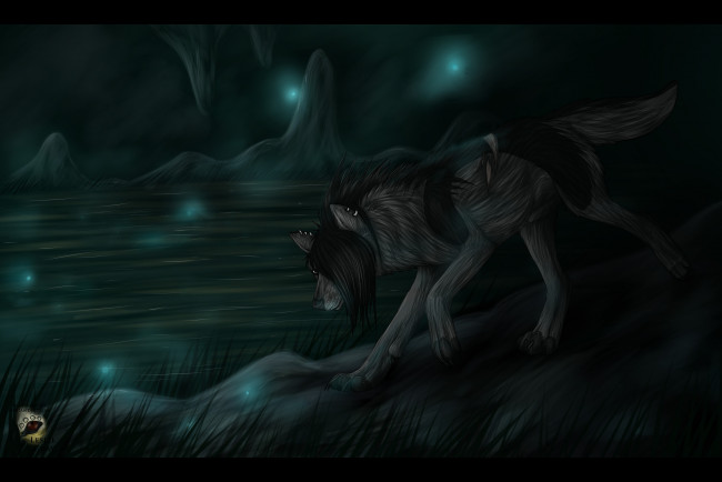 Обои картинки фото рисованные, животные,  волки, река, ночь, волк