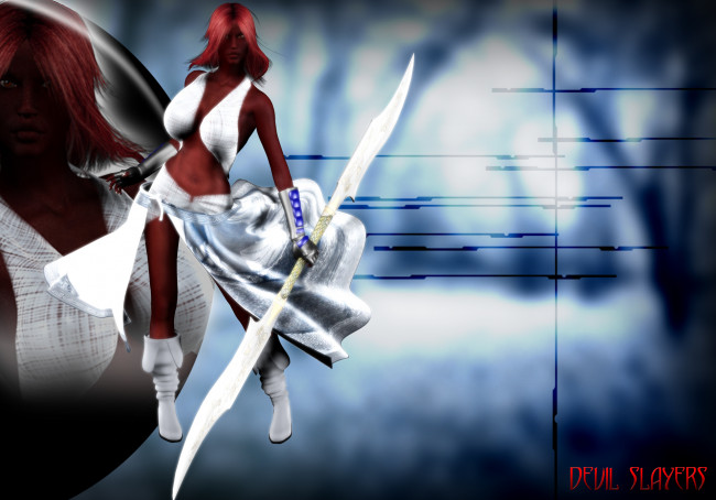 Обои картинки фото 3д графика, фантазия , fantasy, оружие, рыжая, взгляд, девушка