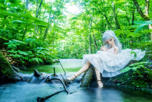 Обои картинки фото разное, игрушки, лес, вода, деревья, платье, река, кукла