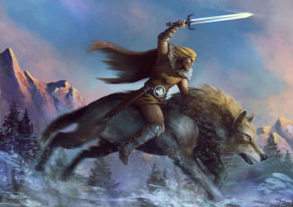 Картинка фэнтези люди волк воин атака меч горы