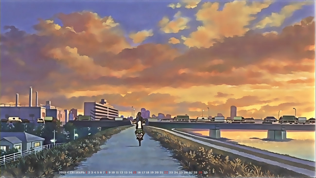 Обои картинки фото календари, аниме, город, облако, здание, мост, водоем, люди, 2019, calendar