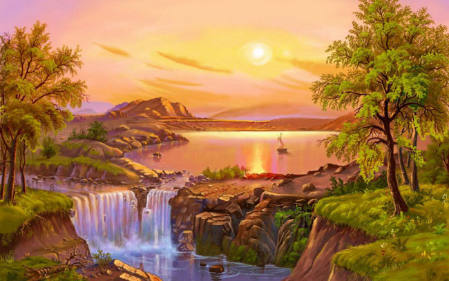 Обои картинки фото рисованное, природа, пейзаж, деревья, горы, озеро, водопад
