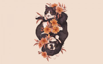 Картинка рисованное животные +коты кошки цветы
