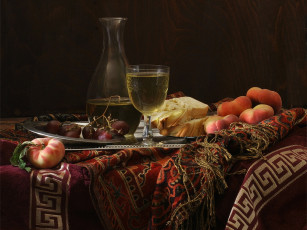 Картинка ира быкова персики немного винограда еда натюрморт