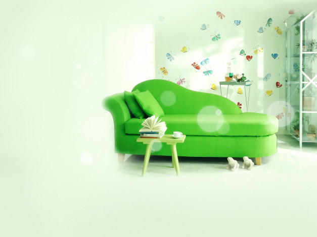 Обои картинки фото 3д, графика, realism, реализм, диван, бабочки, чашка, книги, стул