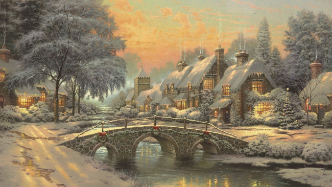 Обои картинки фото thomas, kinkade, рисованные, рождество, зима, река, мост, дома, деревья, снег