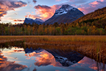 Картинка осень природа реки озера озеро горы лес norway норвегия деревья отражение пейзаж