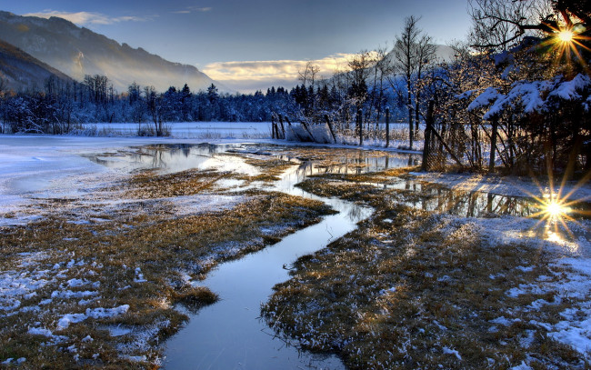 Обои картинки фото зимнее, утро, природа, зима, солнце, горы, река, снег
