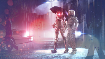 Картинка фэнтези люди дождь скафандр космонавт прогулка big sister свет асфальт вечер зонт
