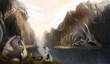 Картинка фэнтези драконы яйца скалы скелеты ущелье мир иной
