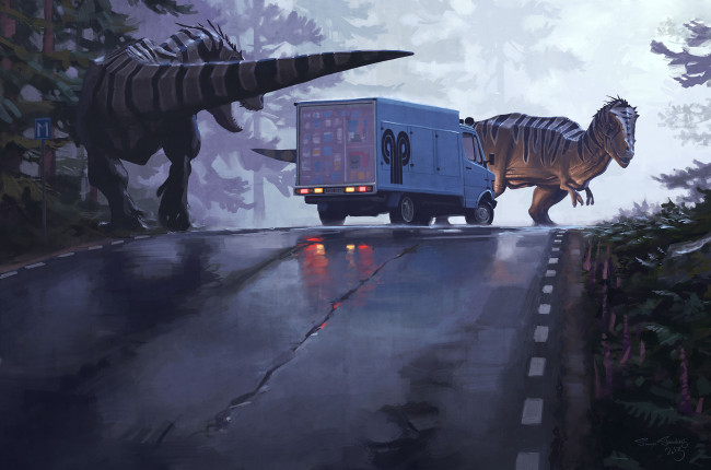 Обои картинки фото фэнтези, существа, лес, мир, иной, автострада, автомобиль, грузовик, динозавры