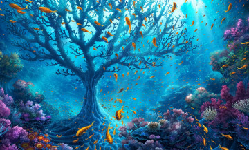 Картинка рисованное животные рыбы дерево