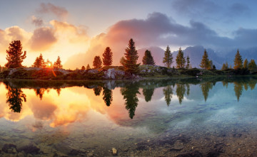 Картинка природа реки озера закат тучи небо озеро деревья