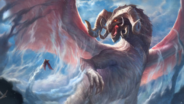 Картинка фэнтези драконы мощь дракон рога арт крылья взгляд