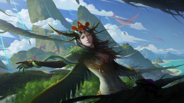 Картинка фэнтези существа взгляд девушка скалы рука крылья перья арт жест