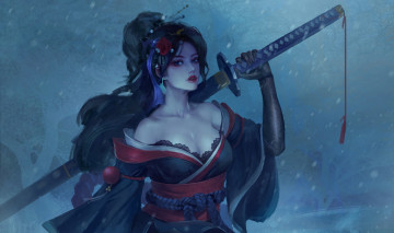 Картинка фэнтези девушки холод цветок взгляд девушка снег оружие арт