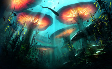 Картинка фэнтези пейзажи рыбы растения глубина арт подводный мир