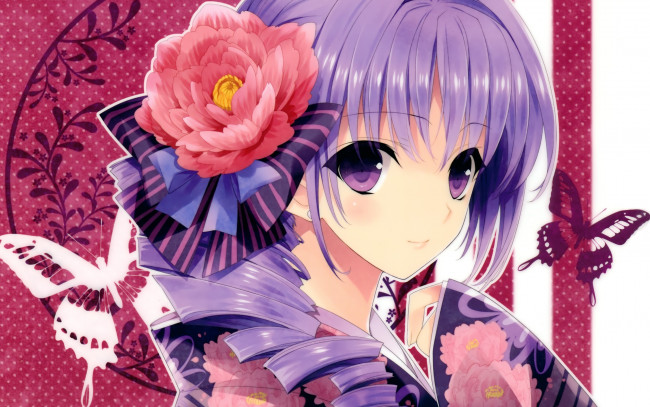 Обои картинки фото аниме, unknown,  другое , девочка, кимоно, цветок, бабочки