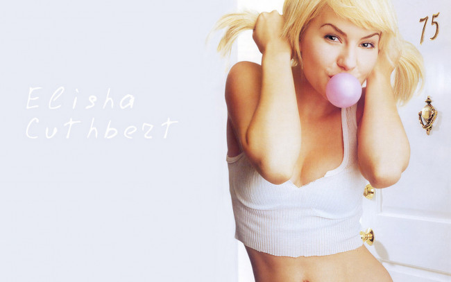 Обои картинки фото девушки, elisha cuthbert, блондинка, хвостики, топ, пузырь, жвачка