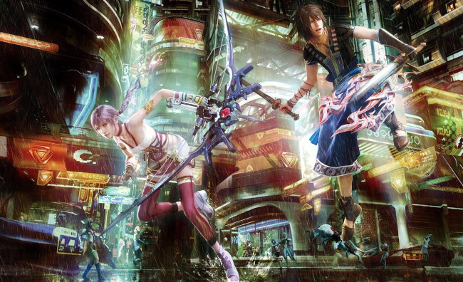 Обои картинки фото видео игры, final fantasy xiii, персонажи, город, оружие
