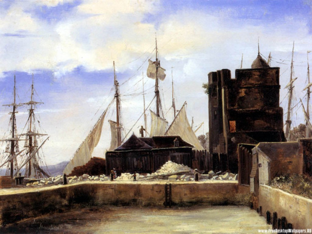 Обои картинки фото honfleur, the, old, wharf, рисованные, jean, baptiste, camille, corot