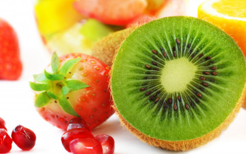 обоя еда, фрукты, ягоды, strawberry, fruits, pomegranate, kiwi, киви, клубника, lemon, лимон, гранат