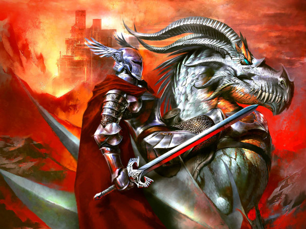 Обои картинки фото фэнтези, всадники, наездники, доспехи, рыцарь, меч, дракон