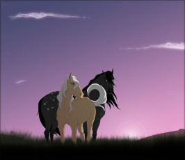 Картинка рисованное животные +лошади лошади ночь трава облака небо