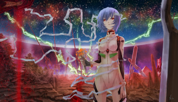 Картинка аниме evangelion девушка звёзды молнии genesis neon букет руины бинты арт