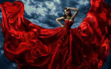 Картинка девушки -unsort+ брюнетки +шатенки красное платье шлейф взгляд макияж украшения руки фон