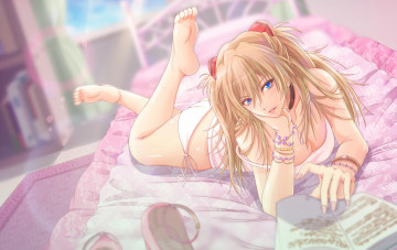 Картинка аниме evangelion soryu блондинка взгляд постель девушка langley asuka